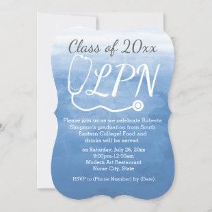 Watercolor Blue Nursing LPN Nurse Graduation Party Invitation