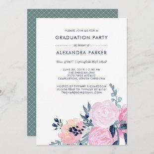 Watercolor Blush and Navy Floral Graduation Party Invitation