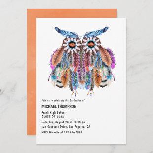 Watercolor Boho Tribal Owl Graduation Party Invita Invitation