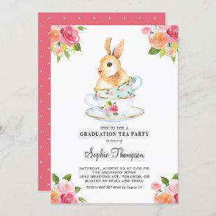 Watercolor Bunny on Teacups Floral Graduation Invitation