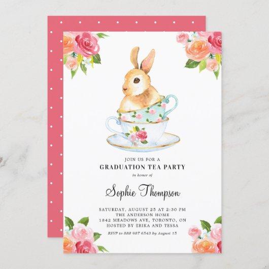 Watercolor Bunny on Teacups Floral Graduation Invitation