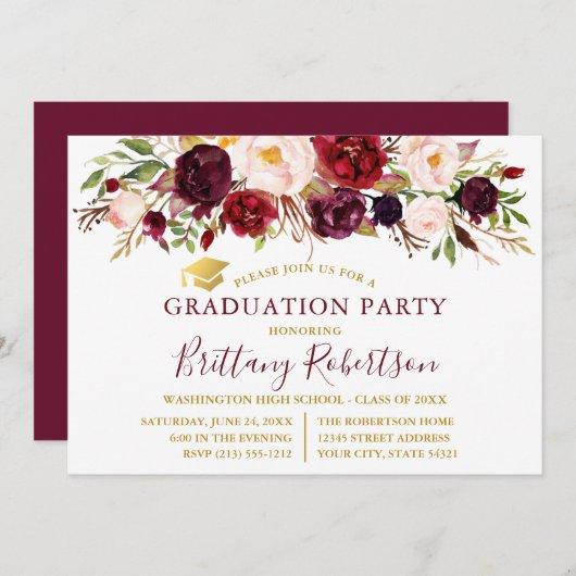 Watercolor Burgundy Floral Gold Graduation Party Invitation