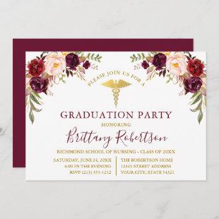 Watercolor Burgundy Floral Medical Grad Party Invitation