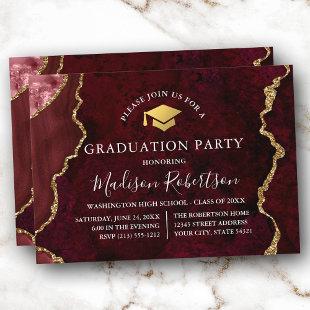 Watercolor Burgundy Marble Gold Cap Grad Party Invitation