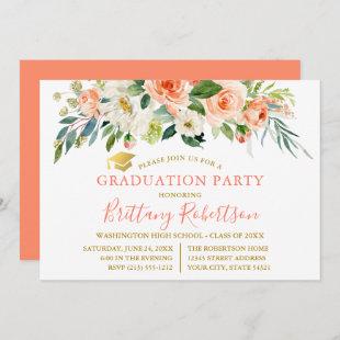 Watercolor Coral White Floral Gold Grad Party Invitation