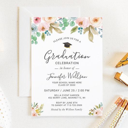 Watercolor Floral Girly Photo Graduation Party Invitation