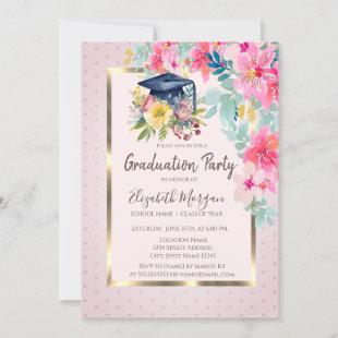 Watercolor Floral Grad Cap Dots Graduation Invitation
