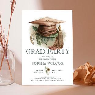 Watercolor Floral Graduation Cap Photo Grad Party Invitation
