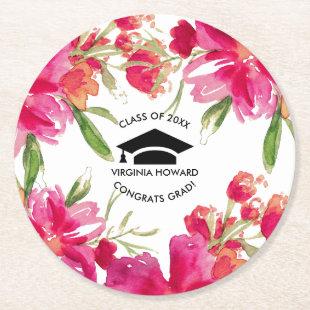 Watercolor Floral Graduation Party Round Paper Coaster