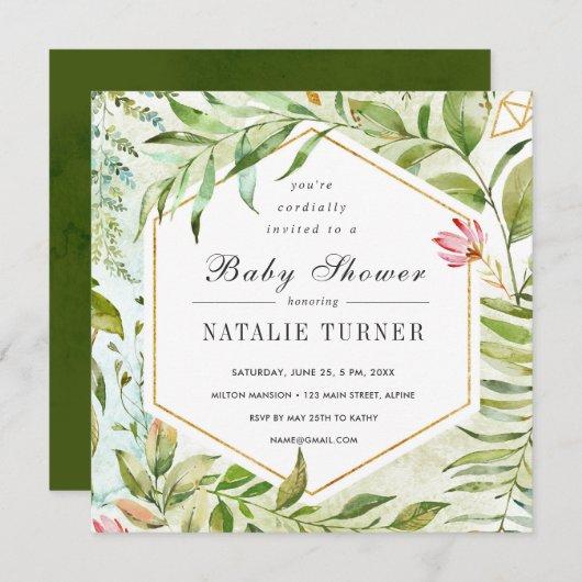 Watercolor Floral Green Foliage Baby Shower Invitation