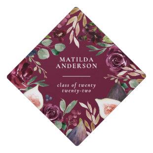 Watercolor floral + script burgundy elegant girly graduation cap topper