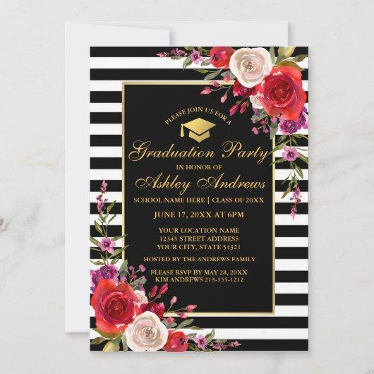 Watercolor Floral Stripes Gold Graduation Party GC Invitation