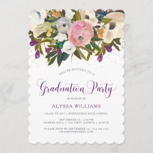 Watercolor Flowers | Faux Glitter Graduation Party Invitation
