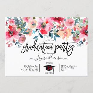 Watercolor Flowers, Ombre Roses Graduation Party Invitation