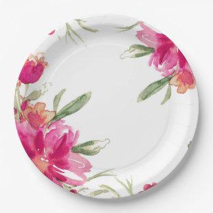 Watercolor Fuchsia Green Floral Graduation Party  Paper Plates