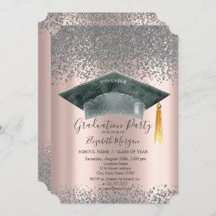 Watercolor Grad Cap,Diamonds Rose Gold Graduation  Invitation