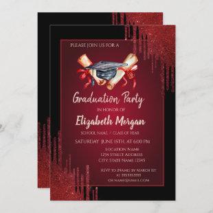 Watercolor Grad Cap,Diploma,Red Drips Graduation   Invitation