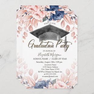Watercolor Graduation Cap,Flowers Graduation   Invitation