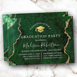 Watercolor Green Marble Gold Cap Grad Party Invitation