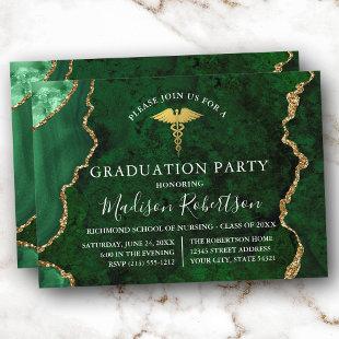 Watercolor Green Marble Gold Medical Grad Party Invitation