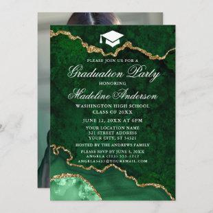 Watercolor Green Marble Graduation Party Photo Invitation