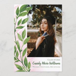 Watercolor Green Pink Ivy Plant Graduation Invitation
