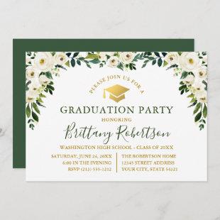 Watercolor Green White Floral Gold Grad Party Invitation