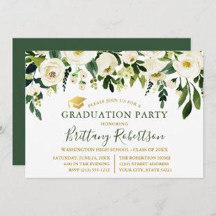 Watercolor Green White Floral Graduation Party Invitation