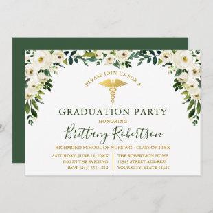 Watercolor Green White Floral Medical Grad Party Invitation