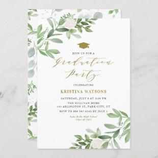 Watercolor Greenery and White Flowers Graduation Invitation