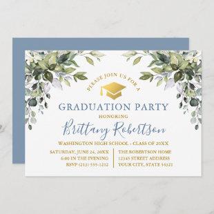 Watercolor Greenery Dusty Blue Gold Grad Party Invitation
