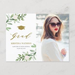 Watercolor Greenery White Flowers Graduation Invitation Postcard