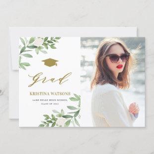 Watercolor Greenery White Flowers Graduation Party Invitation
