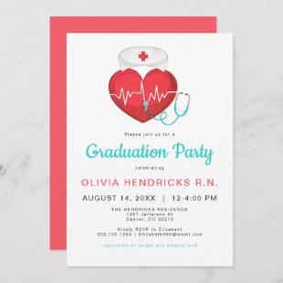 Watercolor Heart Stethoscope Nurse Graduation Invitation