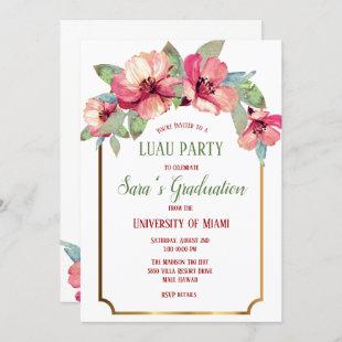 Watercolor Hibiscus Gold Luau Party Graduation Invitation