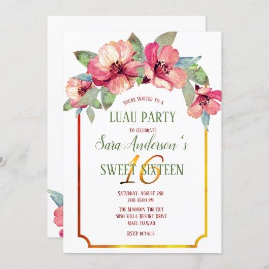 Watercolor Hibiscus Luau Party Sweet 16 B'day Invitation