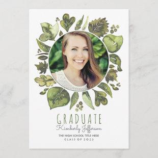 Watercolor Leaves Wreath Photo Graduation Invitation