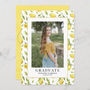Watercolor Lemon Greenery Pattern Photo Graduation Invitation