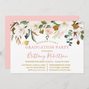Watercolor Magnolias Roses Gold Graduation Party Invitation