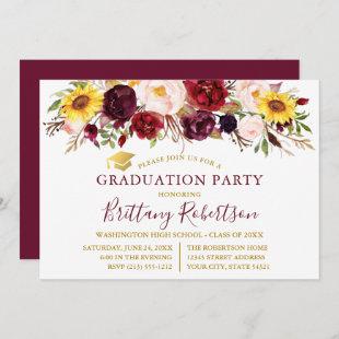 Watercolor Mixed Floral Burgundy Graduation Party Invitation