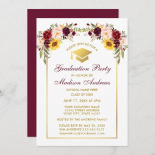 Watercolor Mixed Floral Gold Graduation Party Invitation