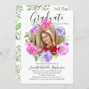 Watercolor Modern Floral Wreath Photo Graduation Invitation