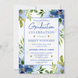 Watercolor Navy & Baby Blue Flowers Graduation Invitation