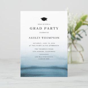 Watercolor Ombre Navy Blue Modern Graduation Party Invitation