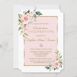 Watercolor Pink Blush Floral Gold Graduation Party Invitation