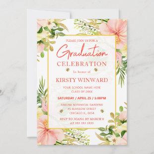 Watercolor Pink Tropical Flowers Graduation Invitation