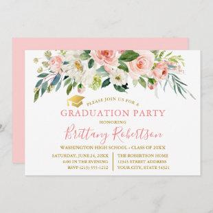 Watercolor Pink White Floral Gold Graduation Party Invitation
