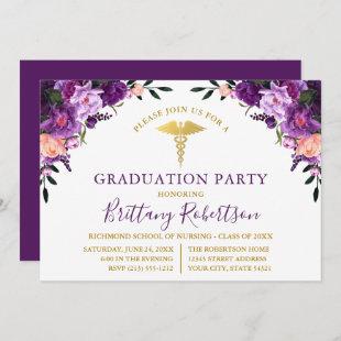 Watercolor Purple Floral Medical Graduation Party Invitation