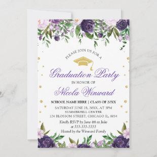 Watercolor Purple Flowers Girl Graduation Party  Invitation