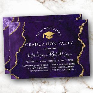 Watercolor Purple Marble Gold Cap Grad Party Invitation